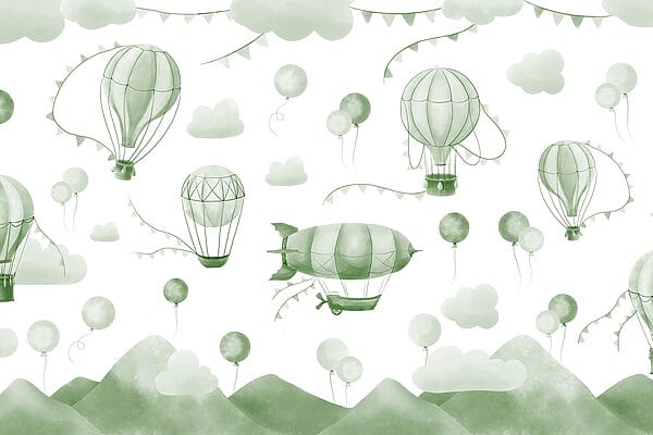 Green and white background with balloons and mountains Green and white background with balloons and mountains
