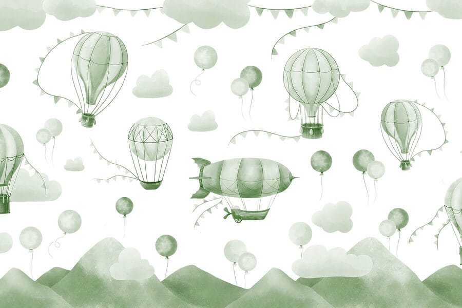 Green and white background with balloons and mountains