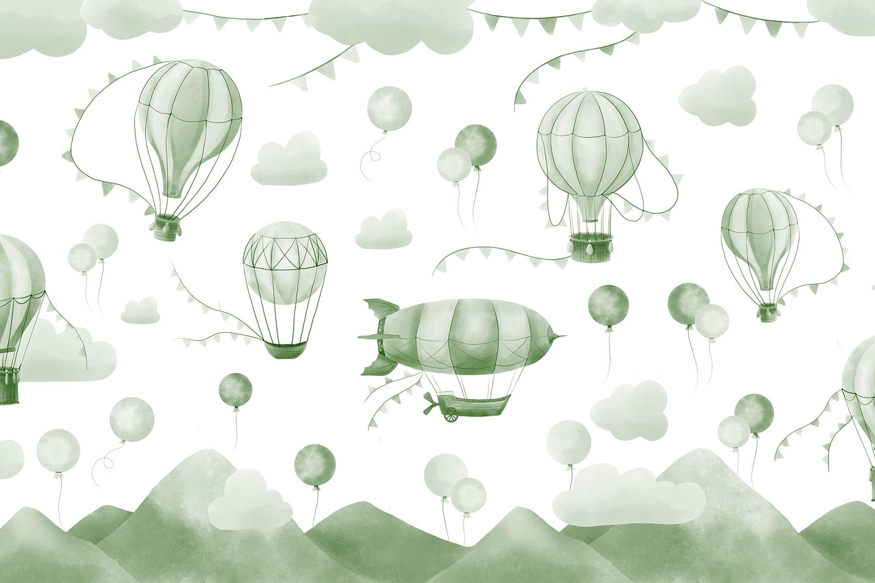 Green and white background with balloons and mountains Green and white background with balloons and mountains