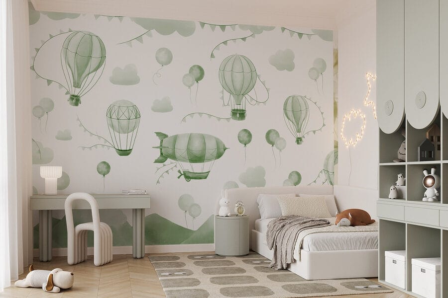 Green and white background with balloons and mountains