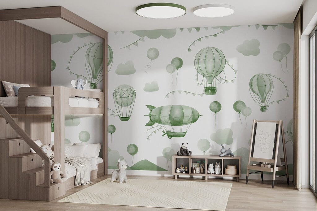 Green and white background with balloons and mountains Green and white background with balloons and mountains