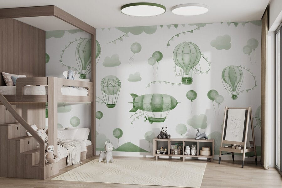 Green and white background with balloons and mountains