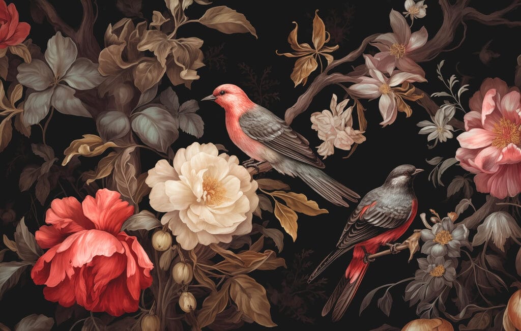 Painting of birds on flowers Painting of birds on flowers
