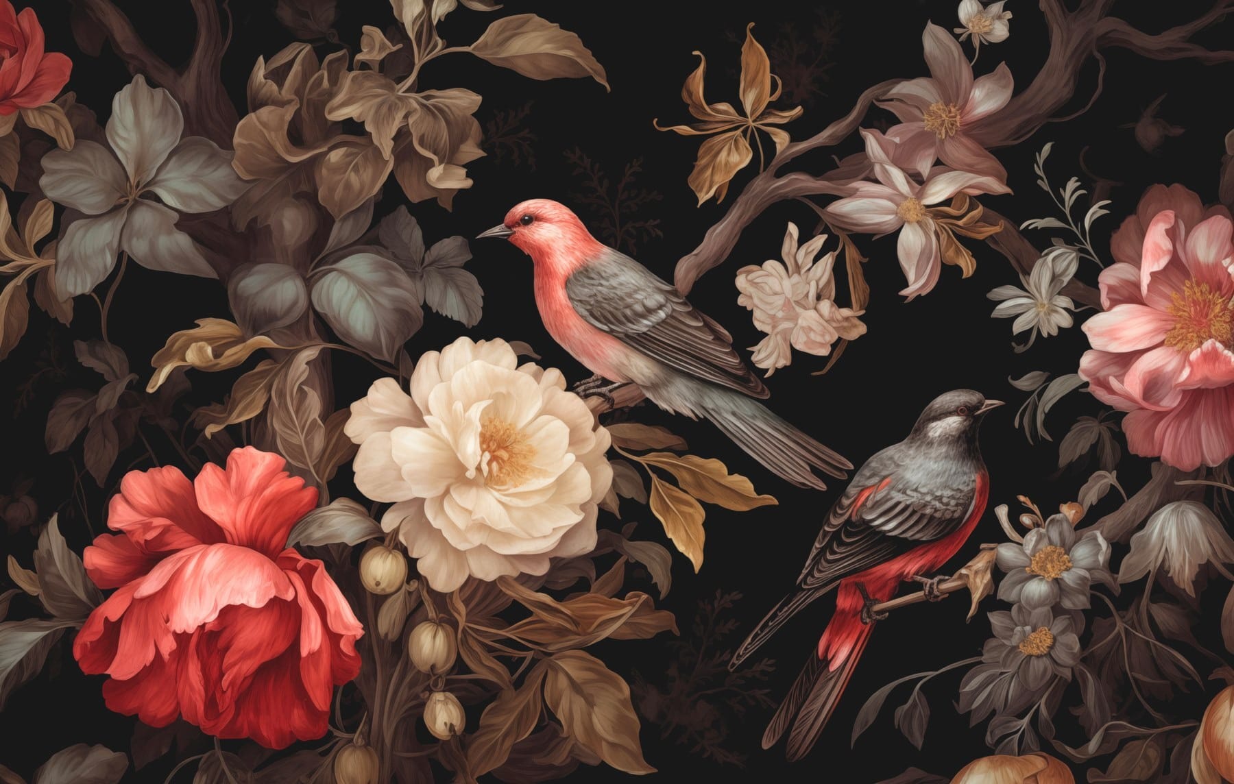Painting of birds on flowers Painting of birds on flowers