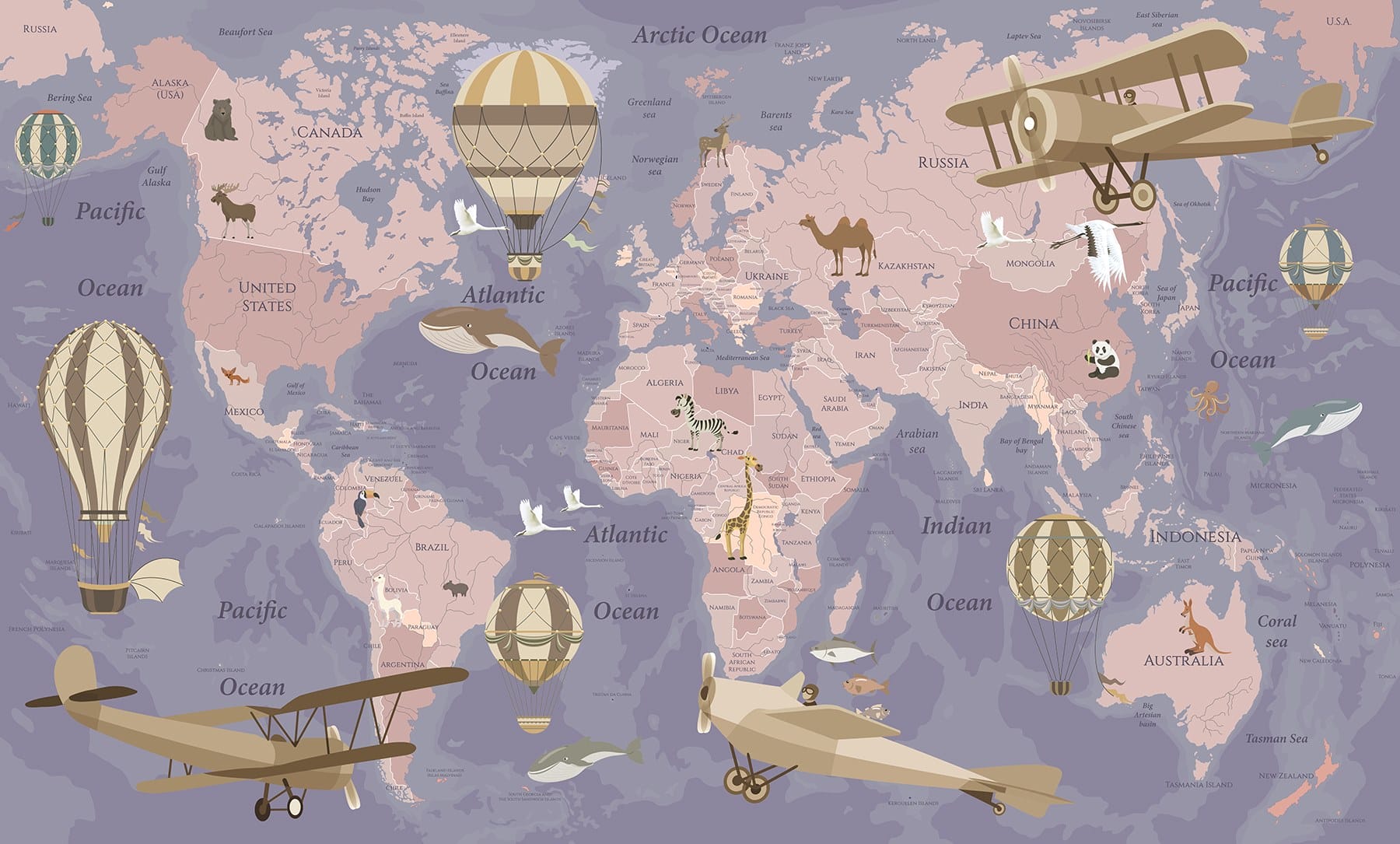 A map of the world with airplanes and hot air balloons u36066v4p - A map of the world with airplanes and hot air balloons - tegory