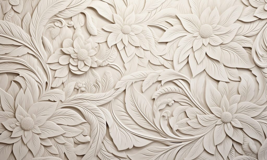 White wall with flowers and leaves