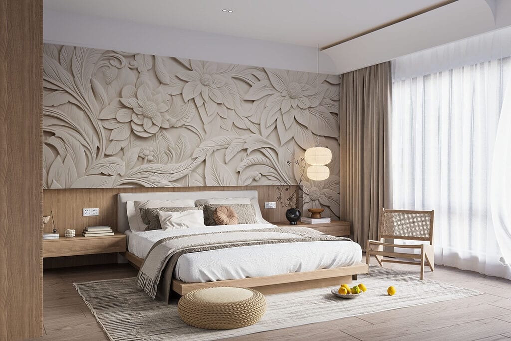 White wall with flowers and leaves