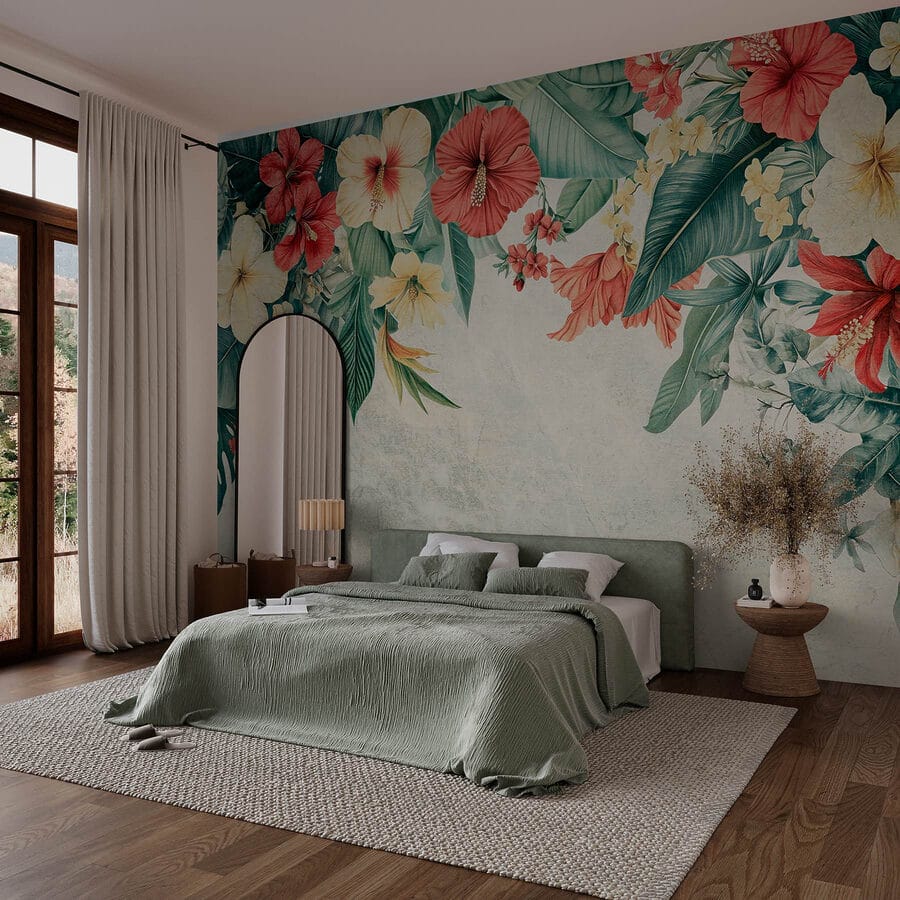 Vibrant blooms brighten the background.