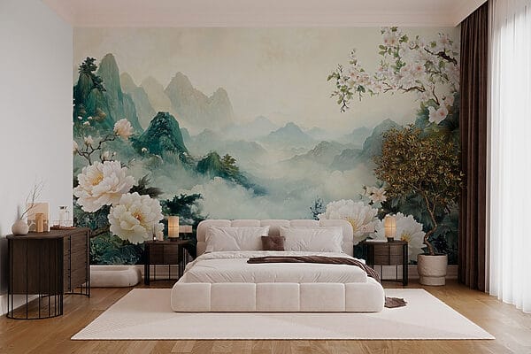 Painting of flowers and mountains Painting of flowers and mountains