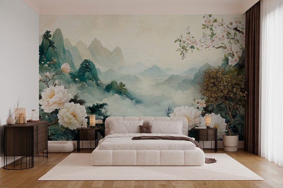Painting of flowers and mountains Painting of flowers and mountains