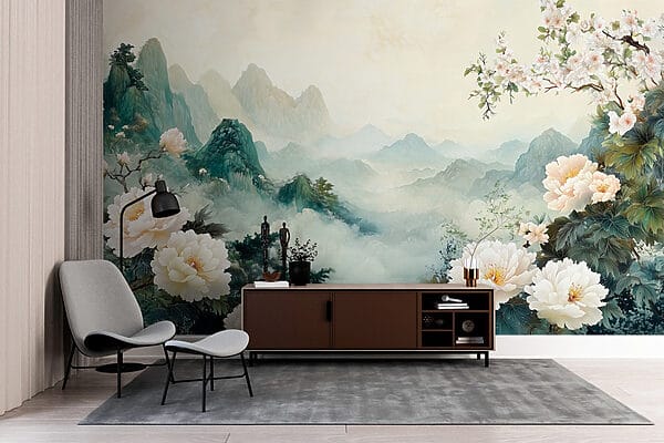 Painting of flowers and mountains Painting of flowers and mountains