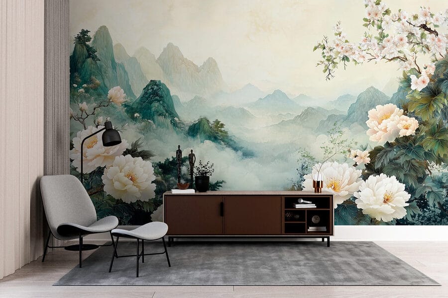 Painting of flowers and mountains Painting of flowers and mountains