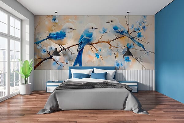 Group of blue birds on a branch Group of blue birds on a branch