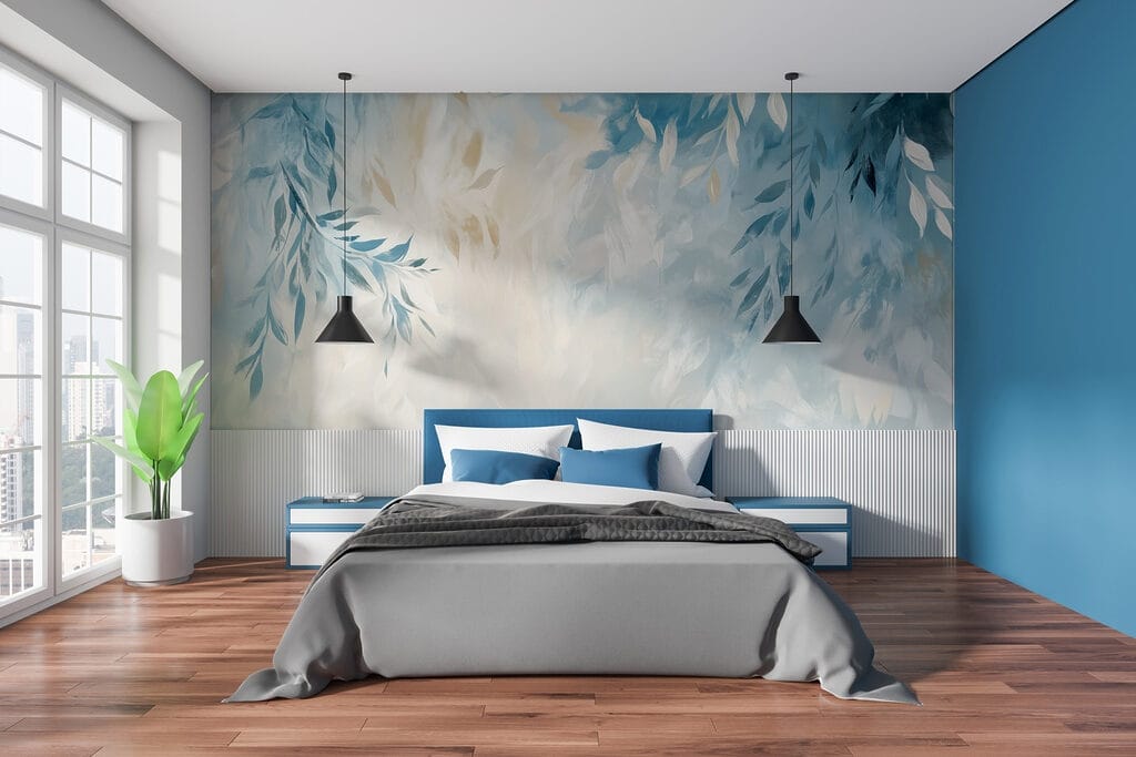 Blue and white background with leaves Blue and white background with leaves