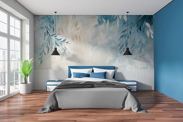Blue and white background with leaves Blue and white background with leaves