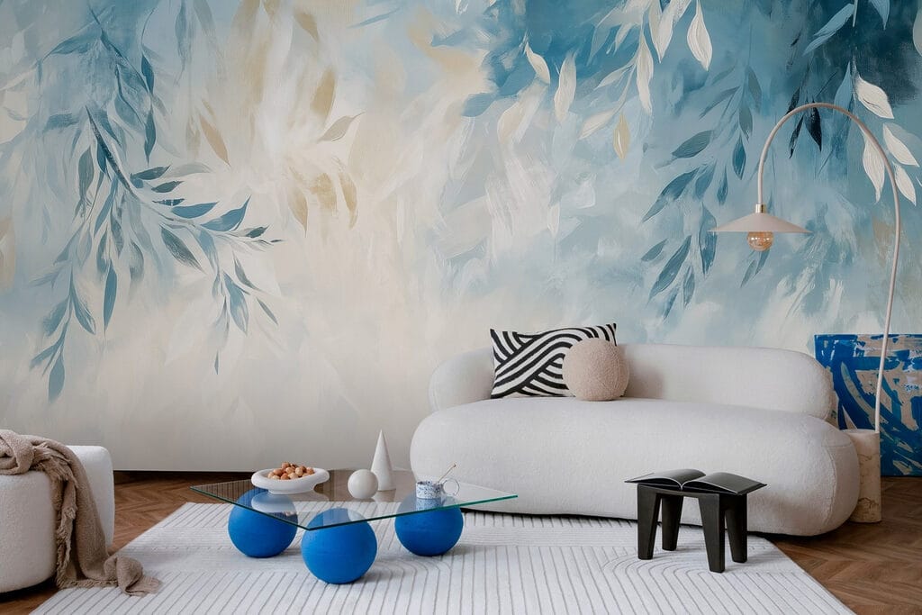 Blue and white background with leaves Blue and white background with leaves