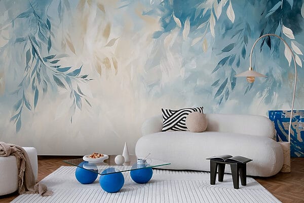 Blue and white background with leaves Blue and white background with leaves