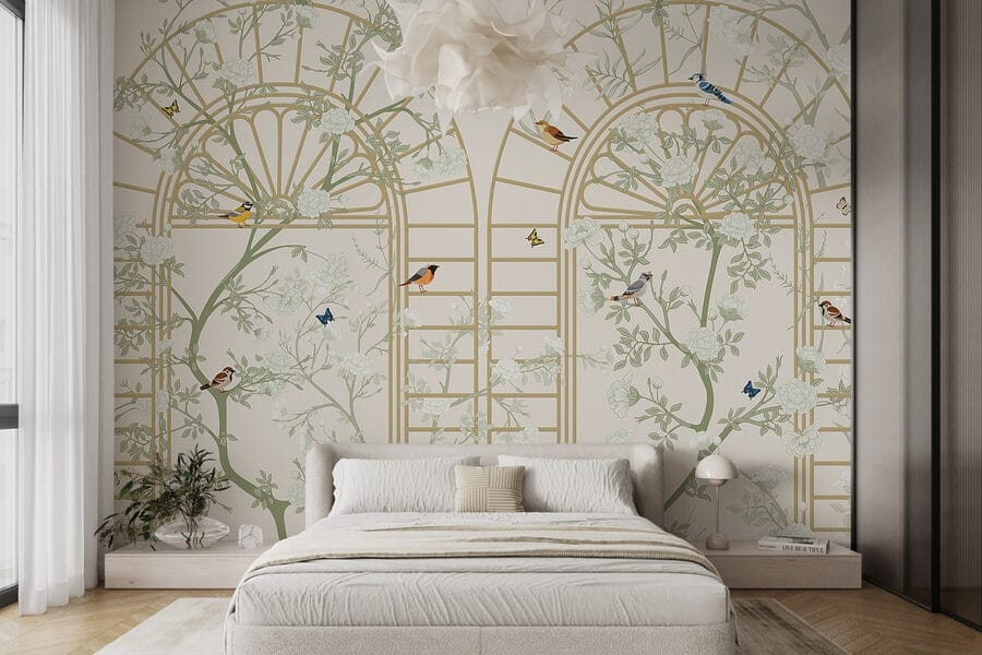 Wallpaper with a ladder and birds