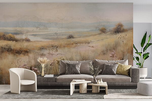 Wall murals Painting of a field with flowers and a lake (SKU: w03203) Wall murals Wall murals Painting of a field with flowers and a lake (SKU: w03203)