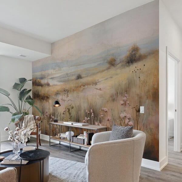 Painting of a field with flowers and a lake