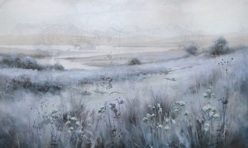 Painting of a field of grass and a river Painting of a field of grass and a river