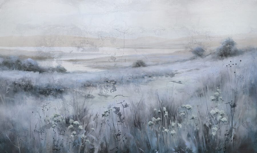 Painting of a field of grass and a river Painting of a field of grass and a river
