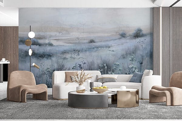Painting of a field of grass and a river Painting of a field of grass and a river