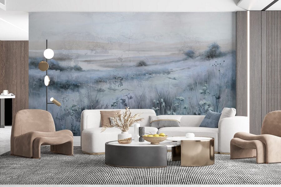 Painting of a field of grass and a river Painting of a field of grass and a river