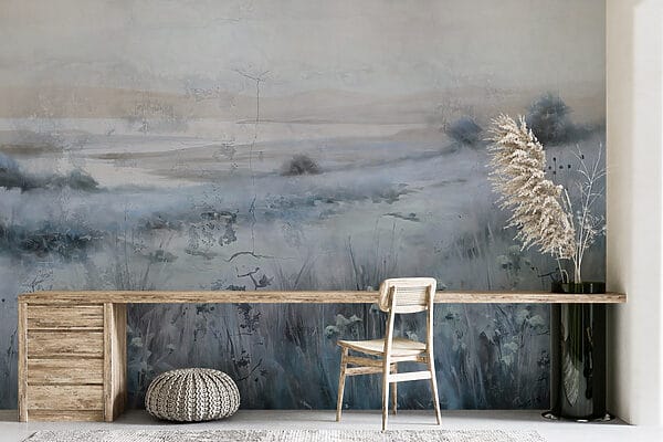 Painting of a field of grass and a river Painting of a field of grass and a river