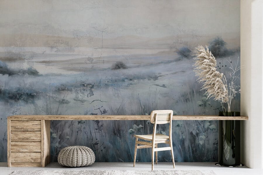 Painting of a field of grass and a river Painting of a field of grass and a river