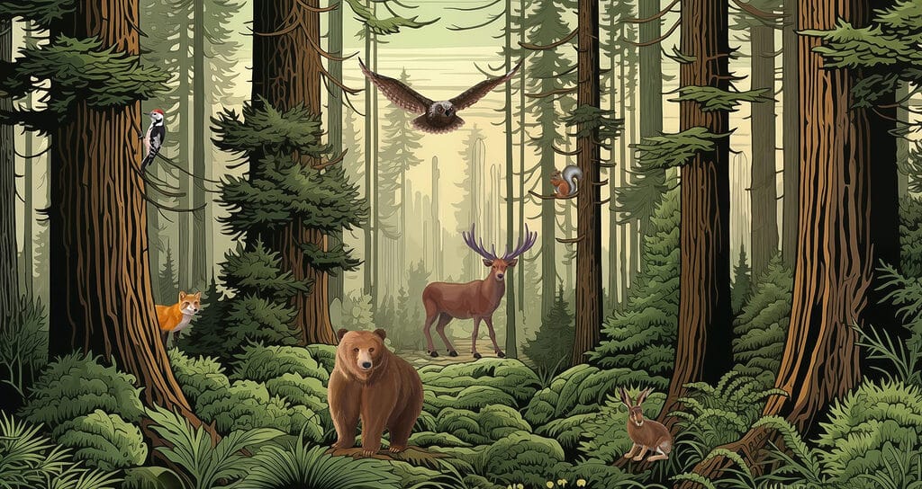 Forest with animals and birds Forest with animals and birds
