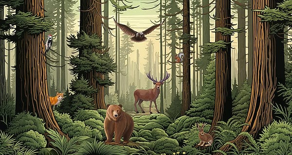 Forest with animals and birds Forest with animals and birds