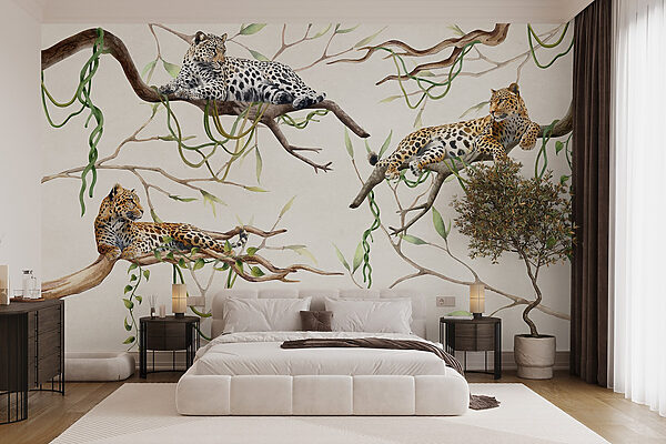 Group of leopards lying on branches Group of leopards lying on branches