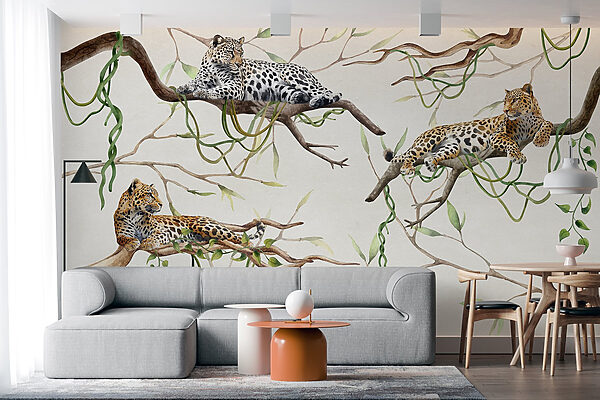 Group of leopards lying on branches Group of leopards lying on branches