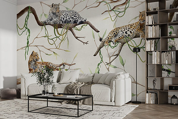 Group of leopards lying on branches Group of leopards lying on branches