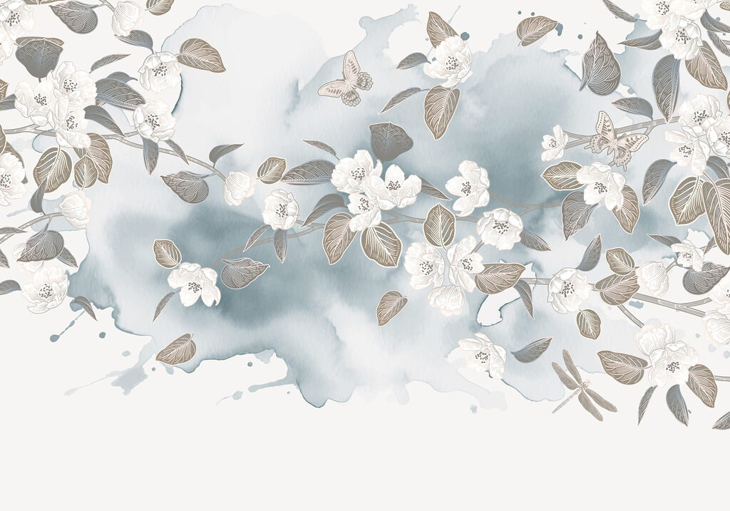 White flowers and leaves on a blue background White flowers and leaves on a blue background
