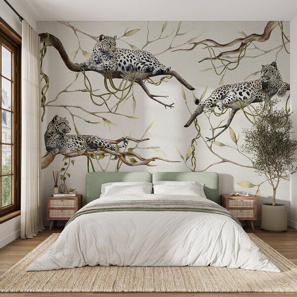 Group of leopards lying on branches Group of leopards lying on branches