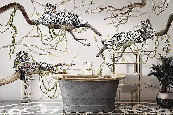Group of leopards lying on branches Group of leopards lying on branches