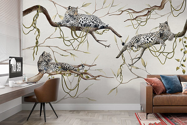 Group of leopards lying on branches Group of leopards lying on branches