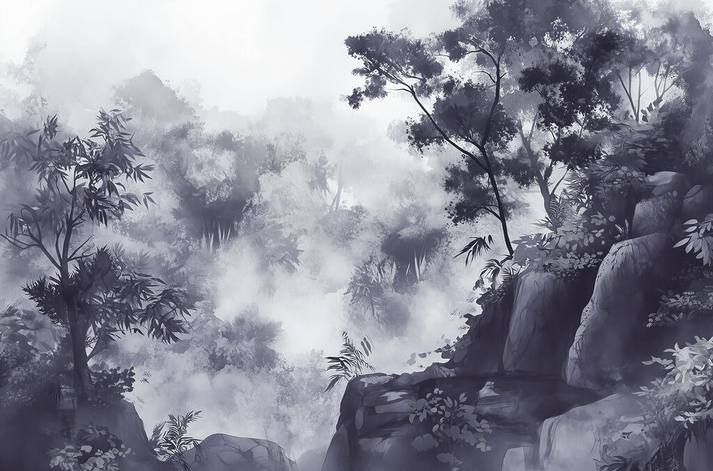 Foggy forest with trees and rocks Foggy forest with trees and rocks