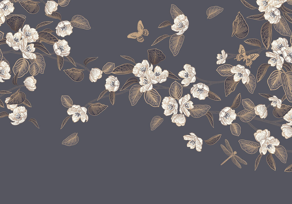 White flowers and leaves on a gray background White flowers and leaves on a gray background