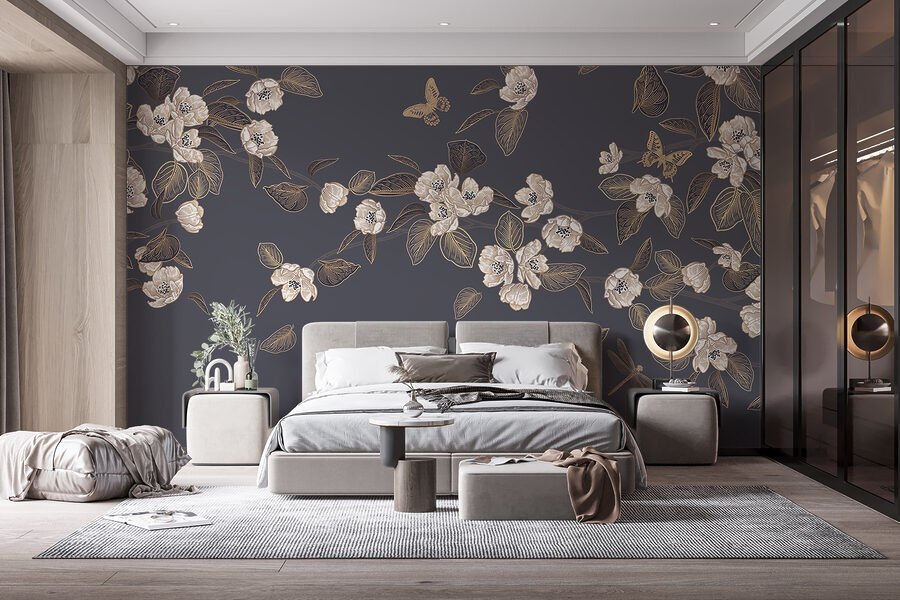 White flowers and leaves on a gray background