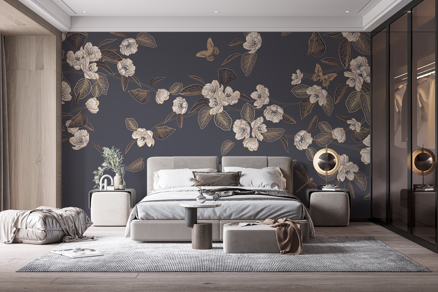 White flowers and leaves on a gray background