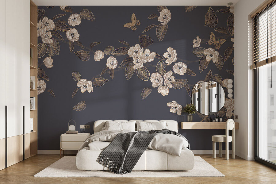 White flowers and leaves on a gray background