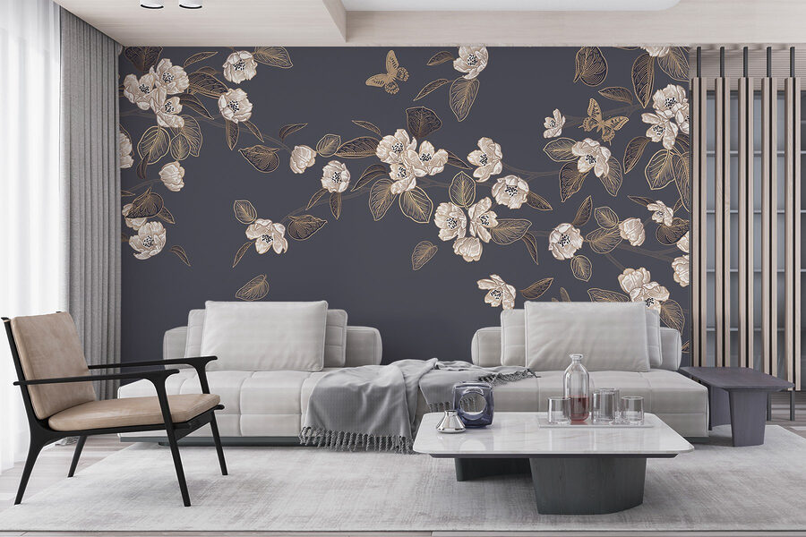 White flowers and leaves on a gray background
