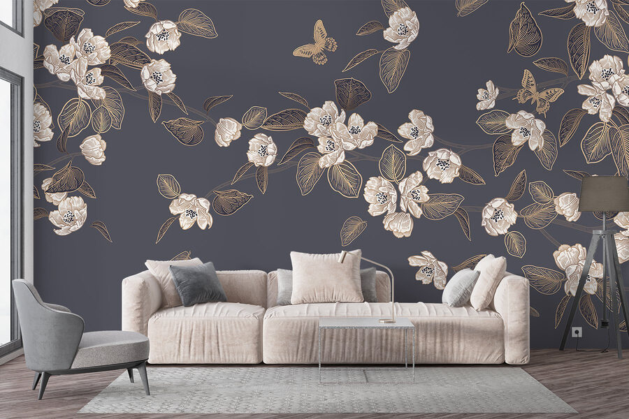 White flowers and leaves on a gray background
