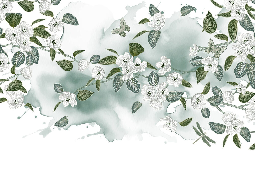 White flowers and green leaves on a white background White flowers and green leaves on a white background