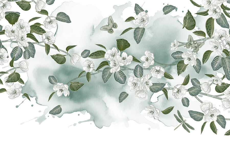 White flowers and green leaves on a white background
