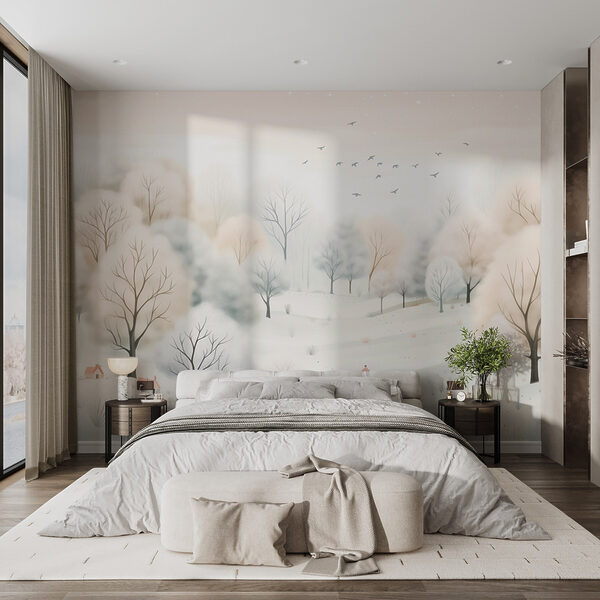 Snowy landscape with trees and birds Wall murals Snowy landscape with trees and birds