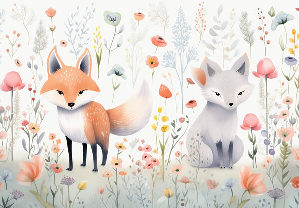 Couple of foxes in a flower garden Couple of foxes in a flower garden